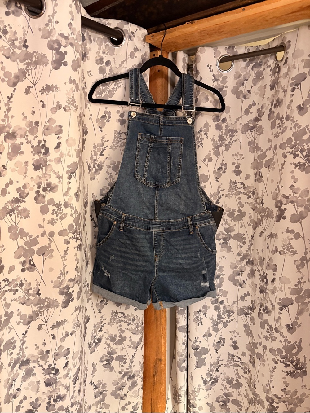 Kancan Denim Short Overalls in Light Blue with Gold Stitching